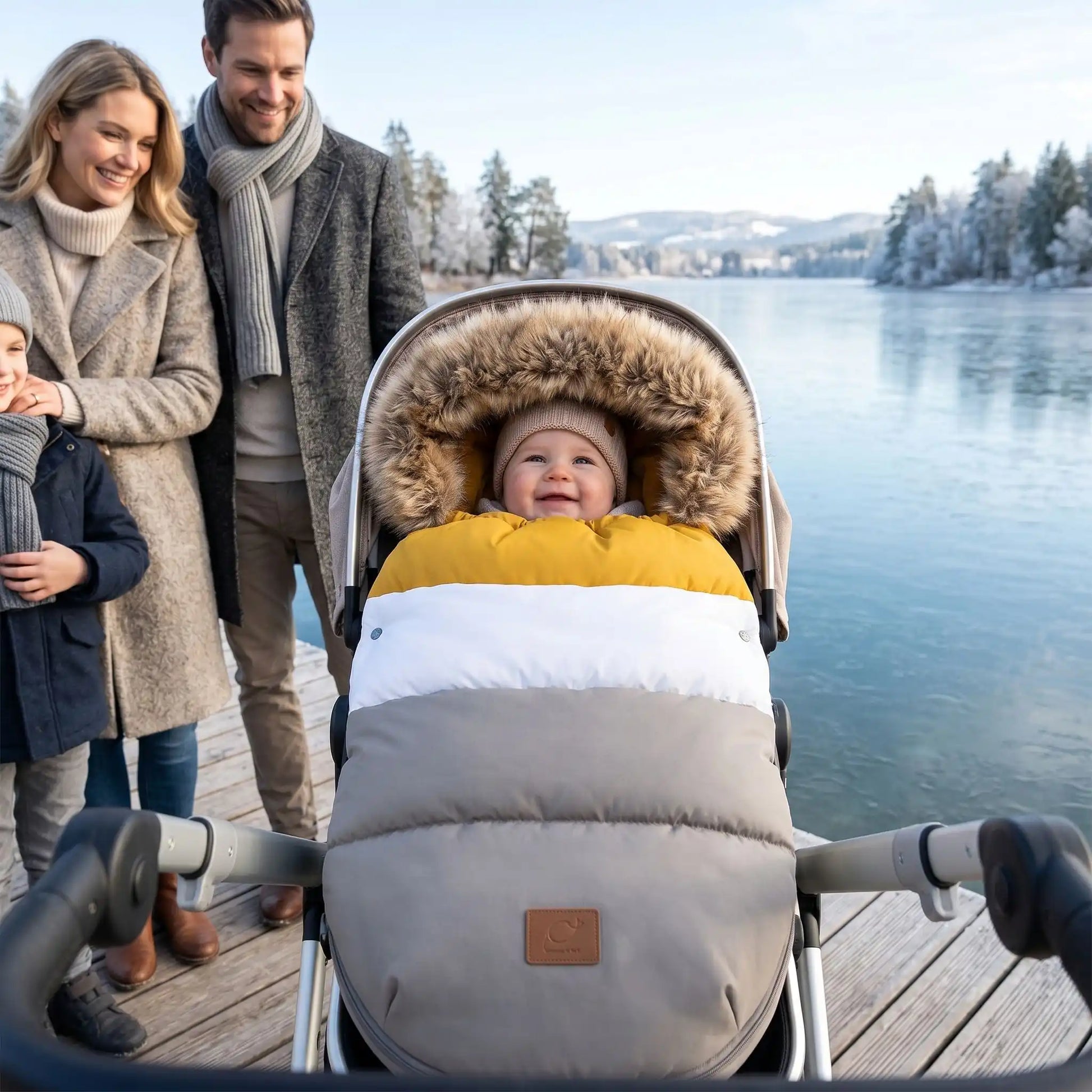 chancelière chaude babyunivers avec bébé au bord d'eau avec sa famille