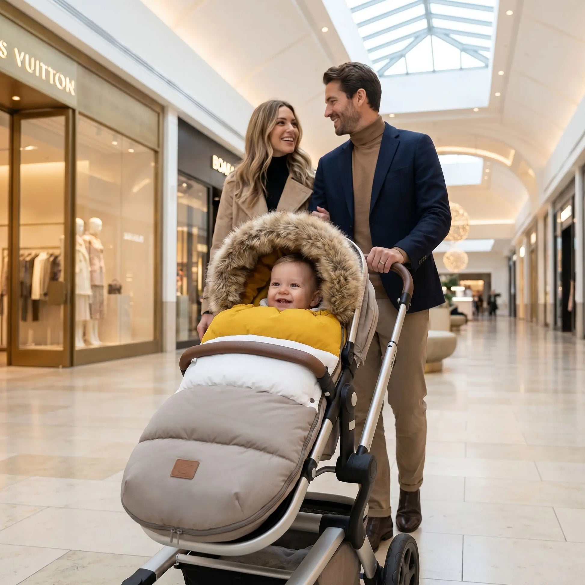 chancelière chaude babyunivers avec bébé au centre d'achat avec sa famille
