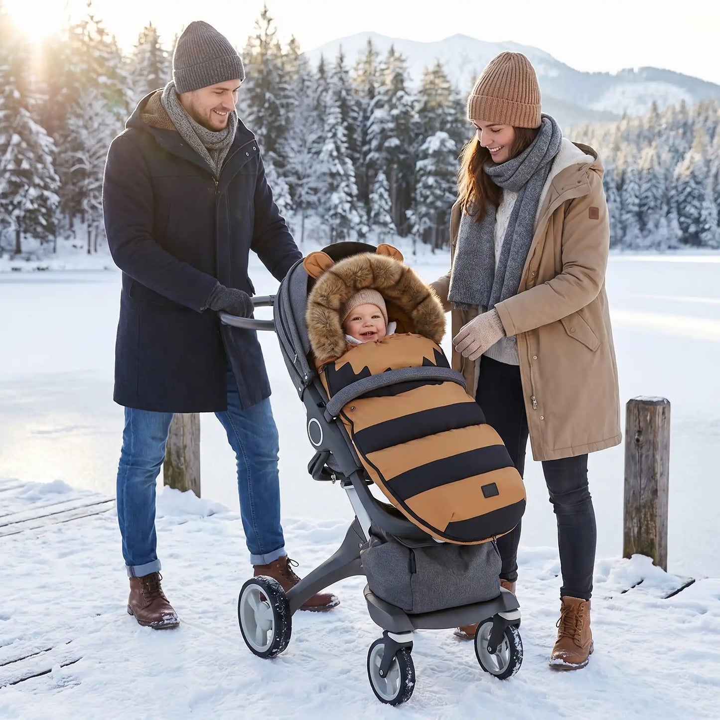 chancelière chaude bébé douxcocon avec bébé au bord d'eau avec sa famille