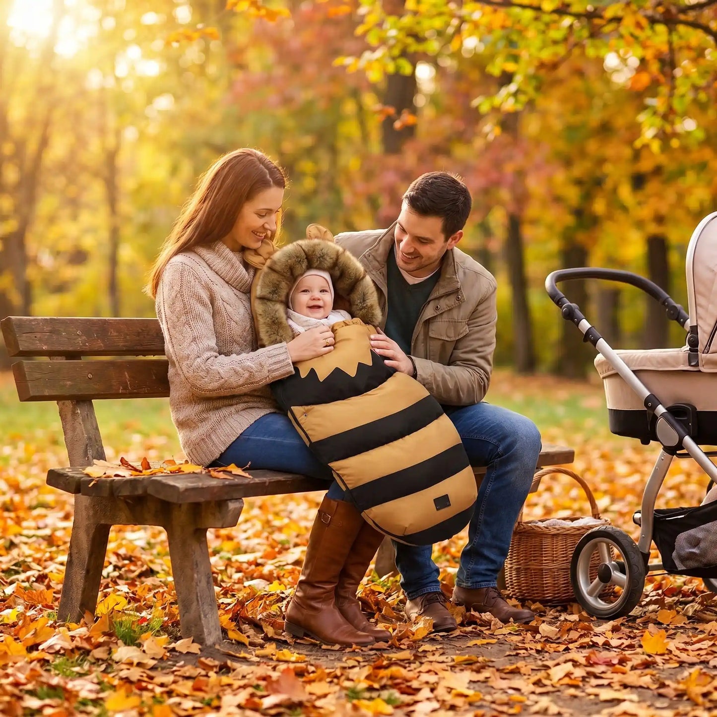 chancelière chaude bébé douxcocon avec bébé au parc avec sa famille
