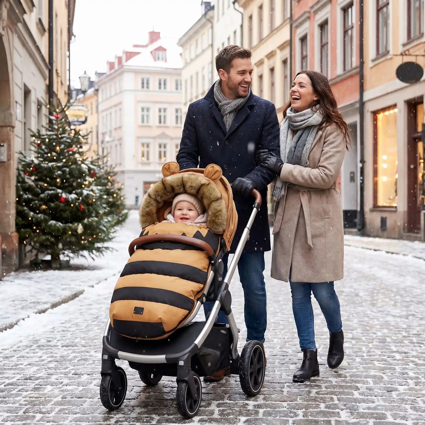 chancelière chaude bébé douxcocon avec bébé en ville avec sa famille