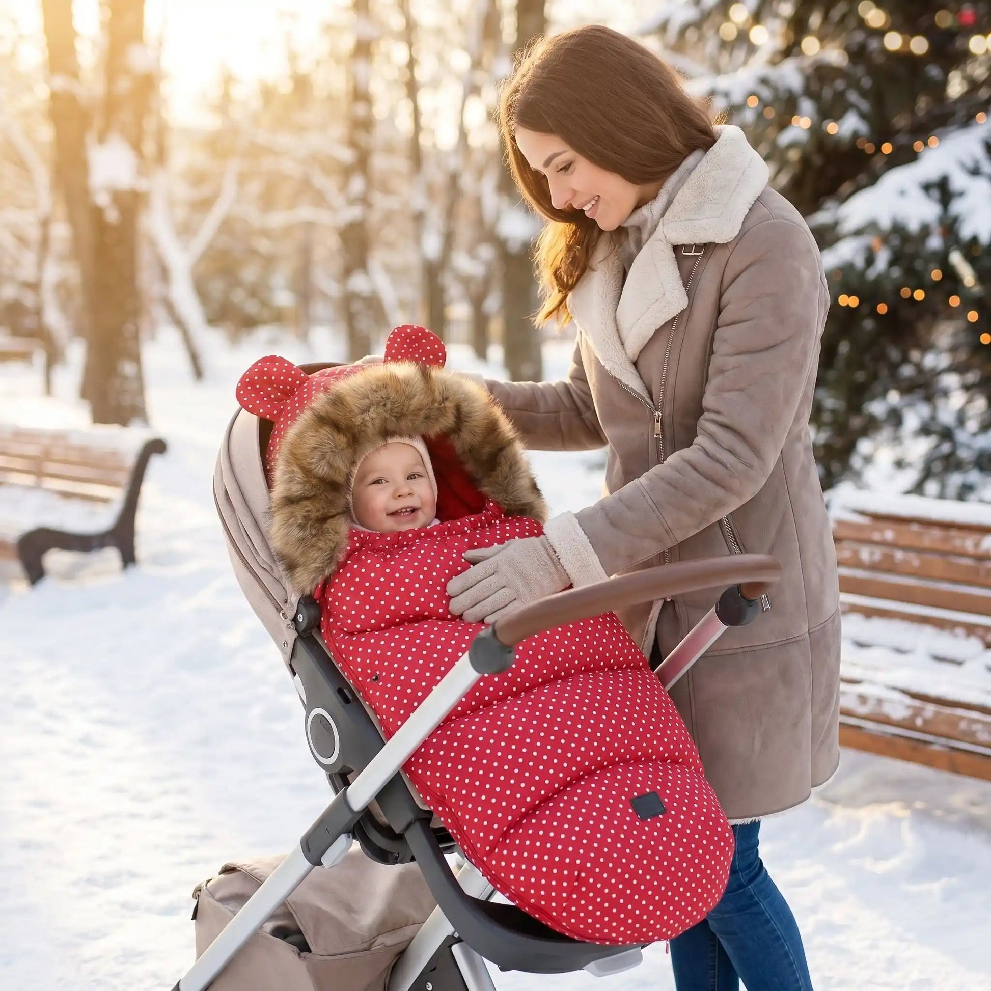 chanceliere chaude cosy babywinter avec bébé au parc avec maman