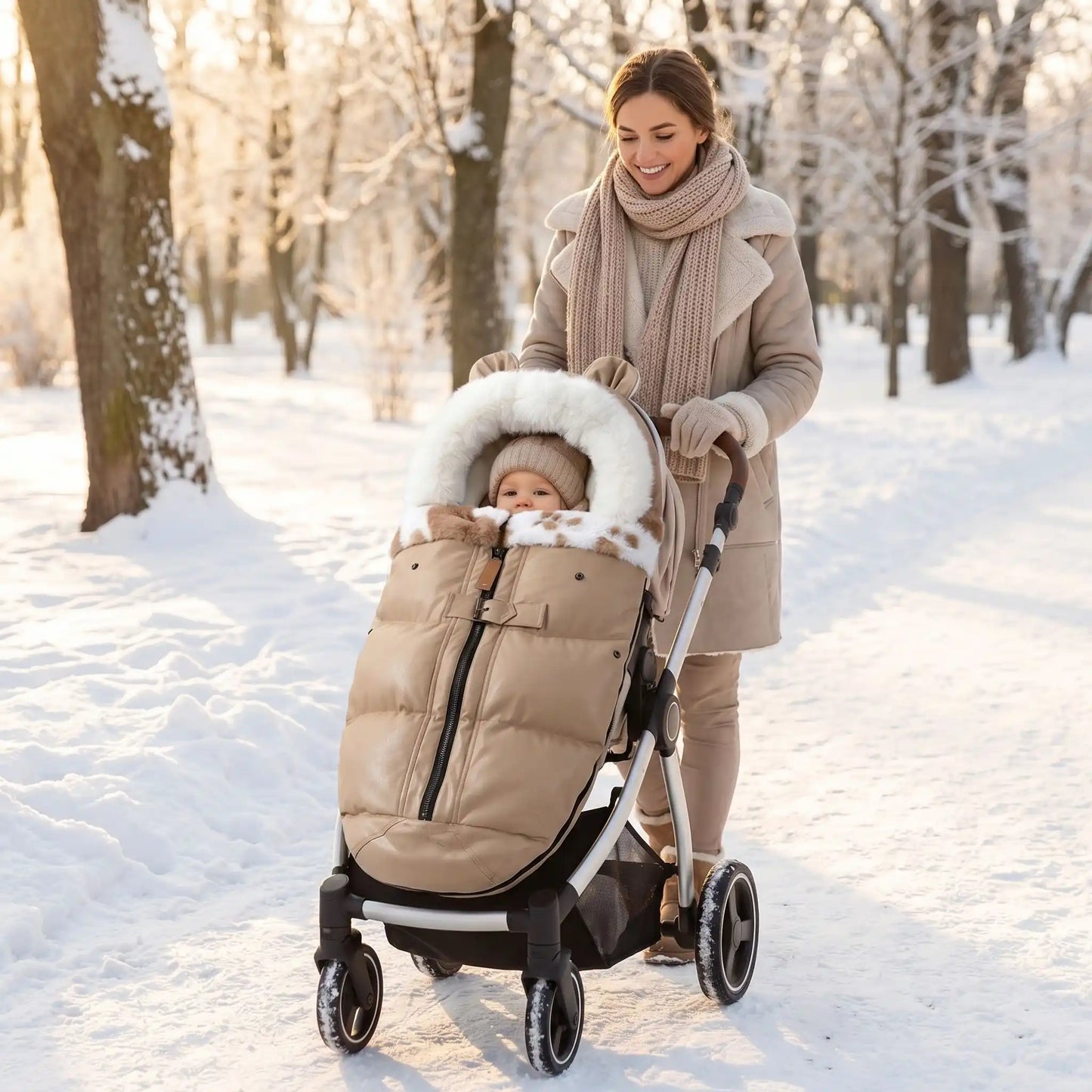 chanceliere chaude peluche avec bébé au parc avec maman