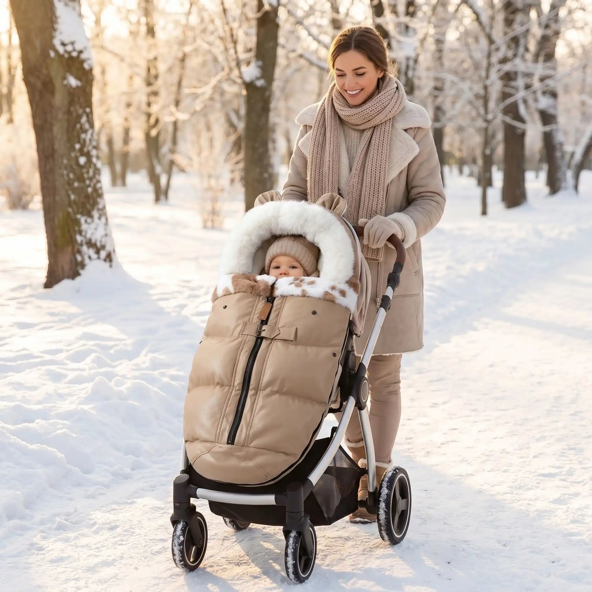 chanceliere chaude peluche avec bébé au parc avec maman