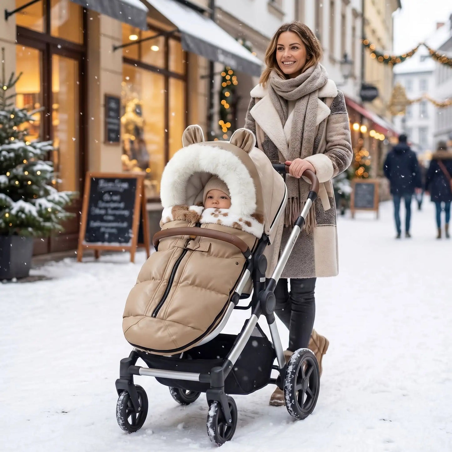 chanceliere chaude peluche avec bébé en ville avec maman