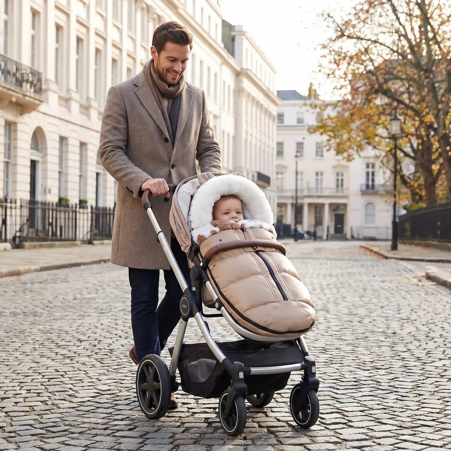 chanceliere chaude peluche avec bébé en ville avec papa