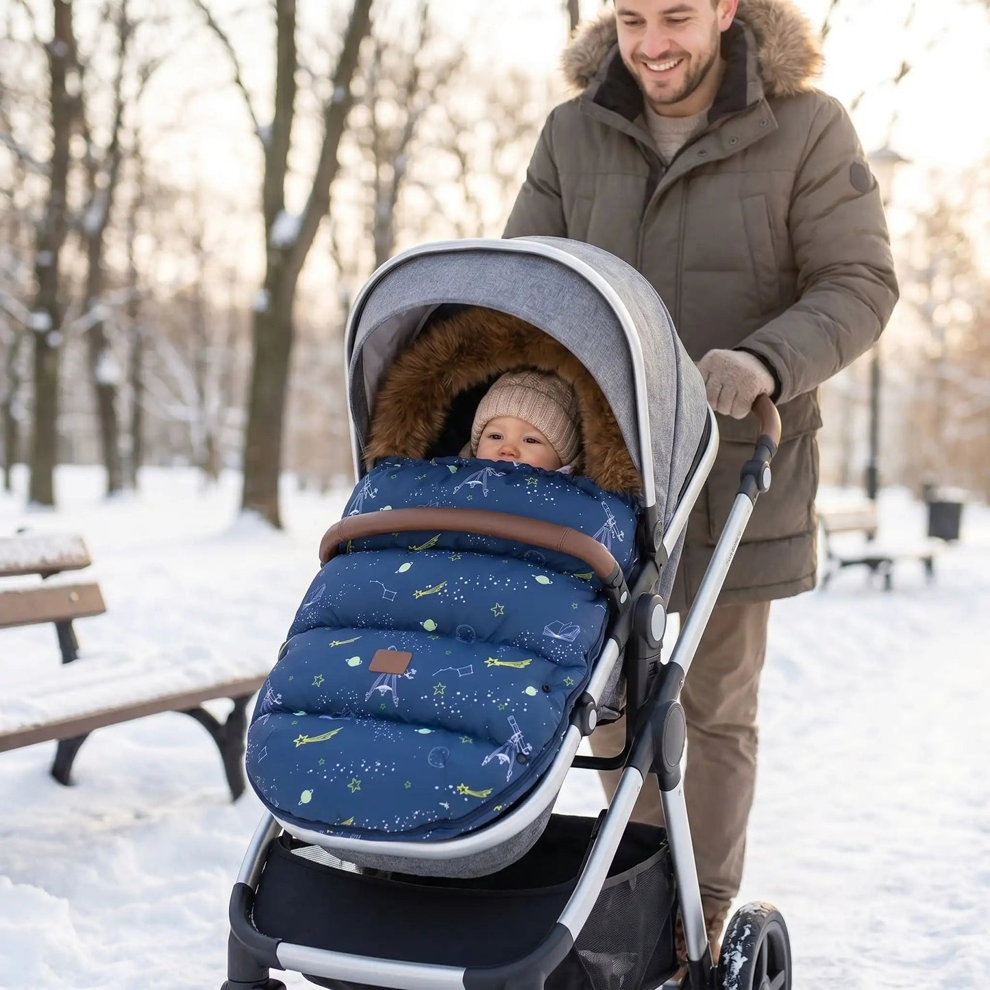 chanceliere chaude poussette babysmooth avec bébé en hiver avec papa