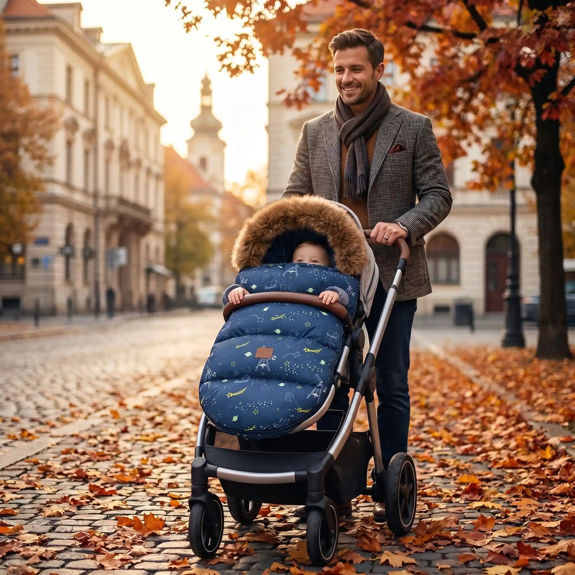 chanceliere chaude poussette babysmooth avec bébé en ville avec papa