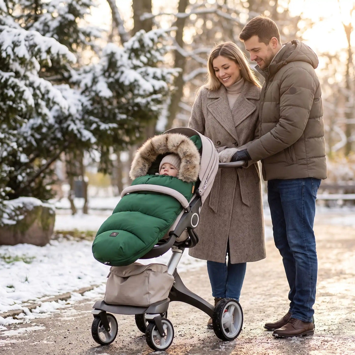 chanceliere cosy douxhiver avec bébé au parc avec sa famille