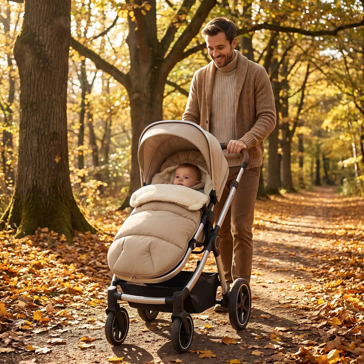 chanceliere cosy hiver confort3modes avec bébé au bois avec papa