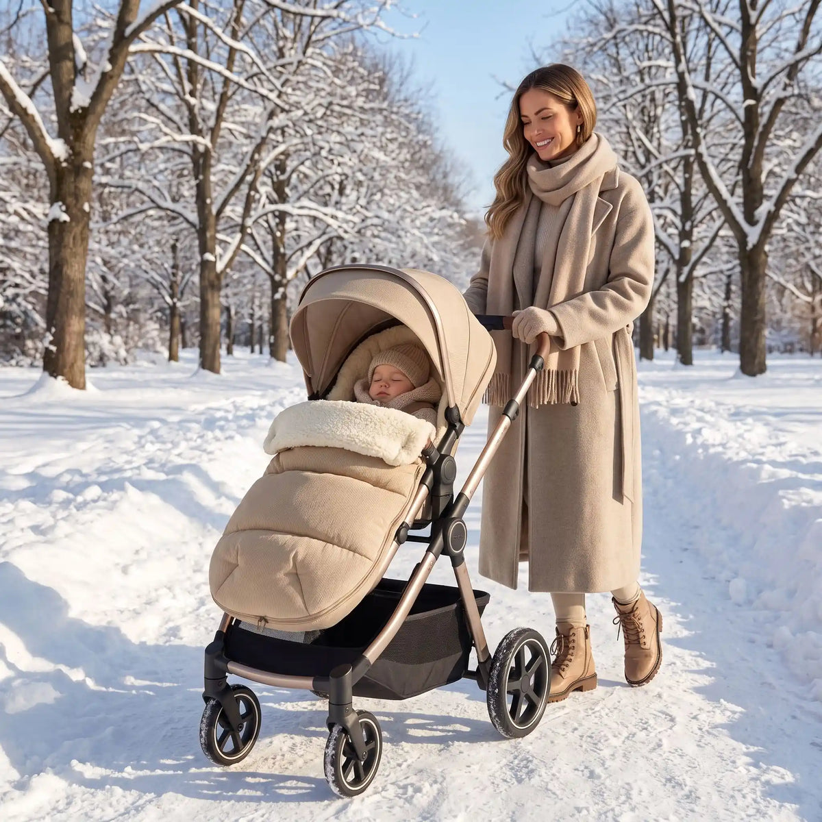 chanceliere cosy hiver confort3modes avec bébé au parc avec maman