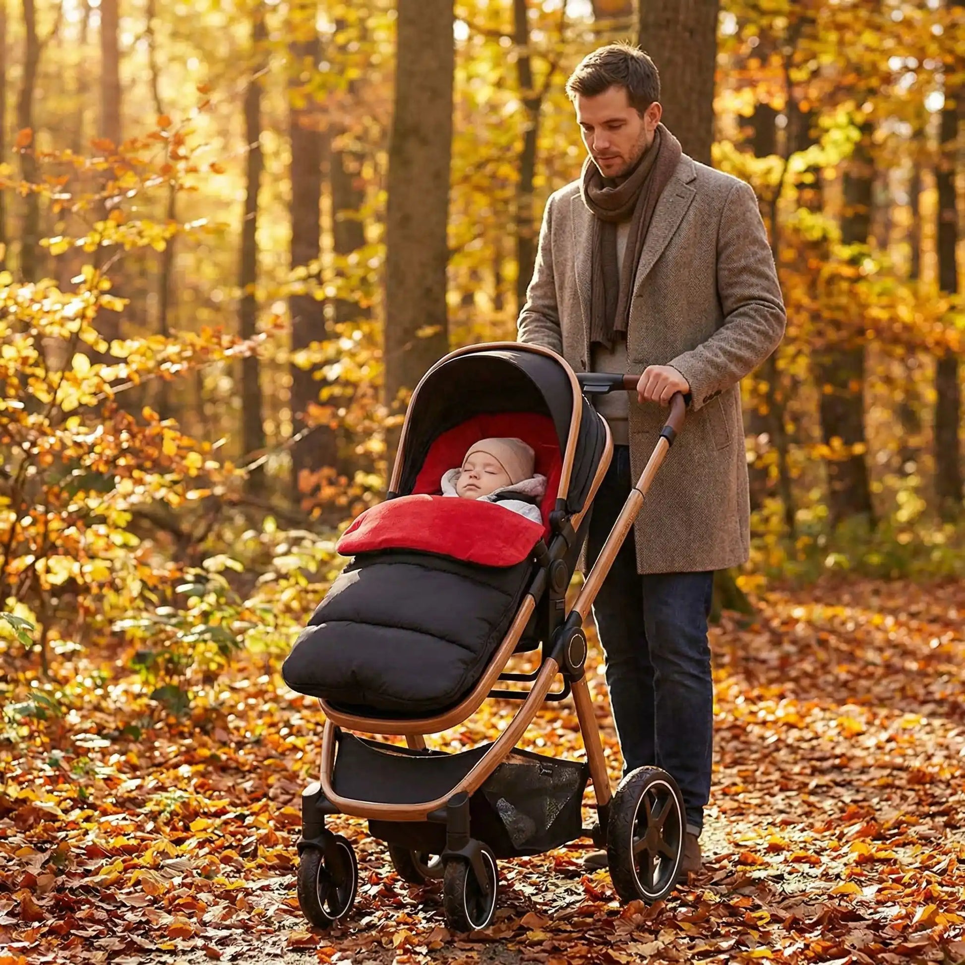 chancelière cosy hiver polaire avec bébé au bois avec papa