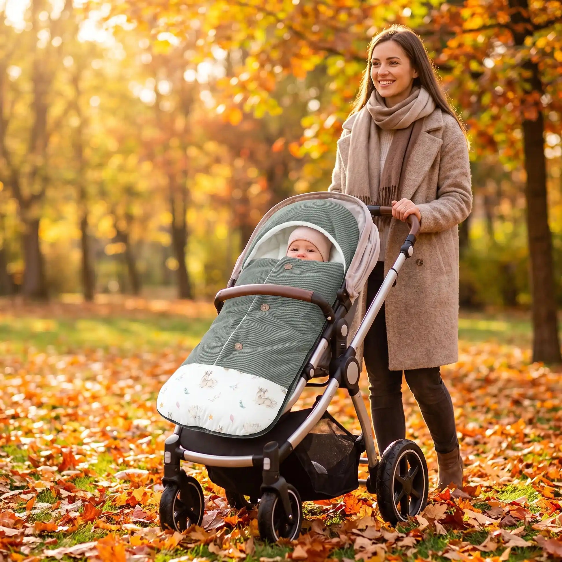 chanceliere cosy hiver velours doux avec bébé  au parc avec maman