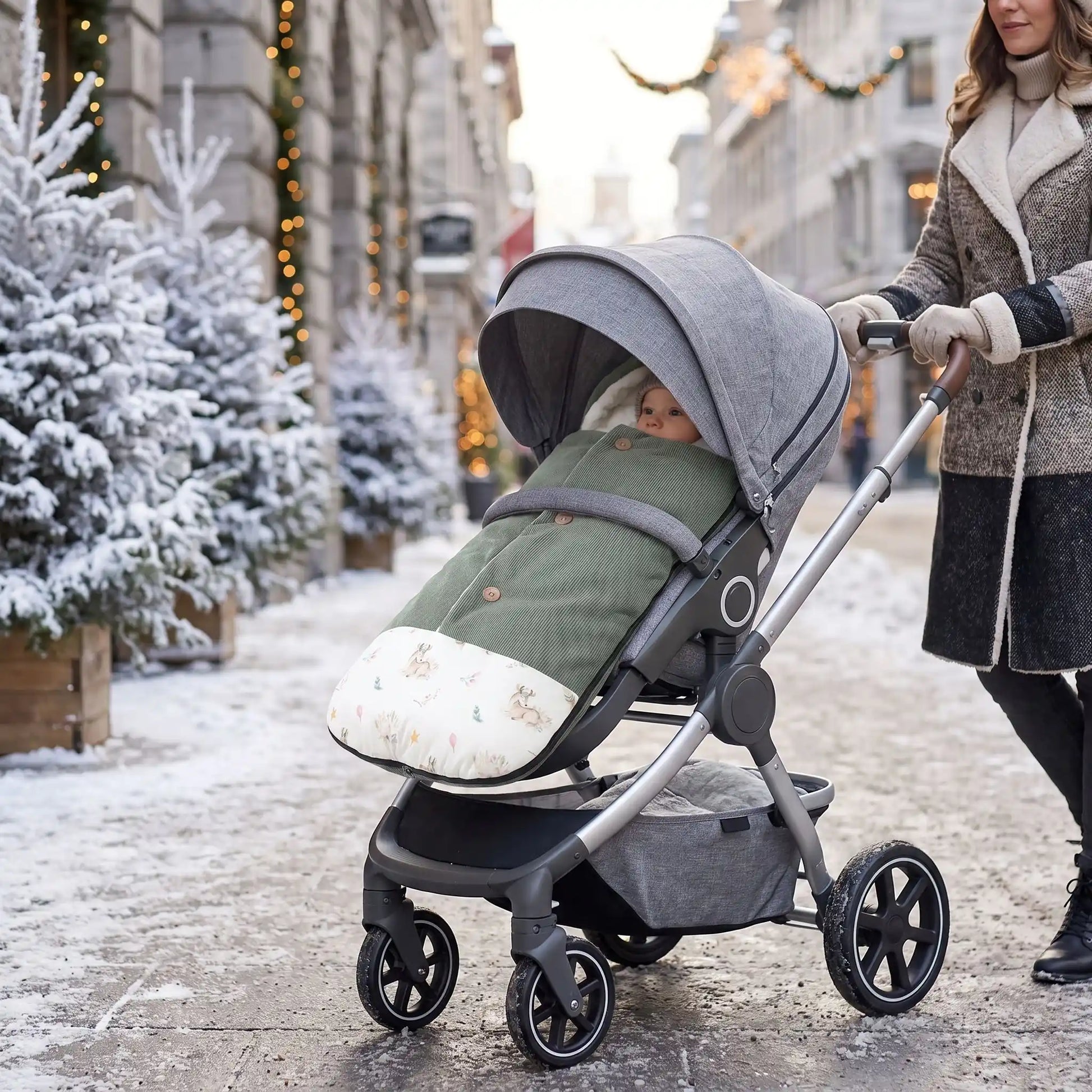 chanceliere cosy hiver velours doux avec bébé en ville avec maman