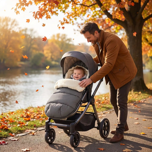 chanceliere cosy poussette pelisse avec bébé au bord d'eau avec papa 