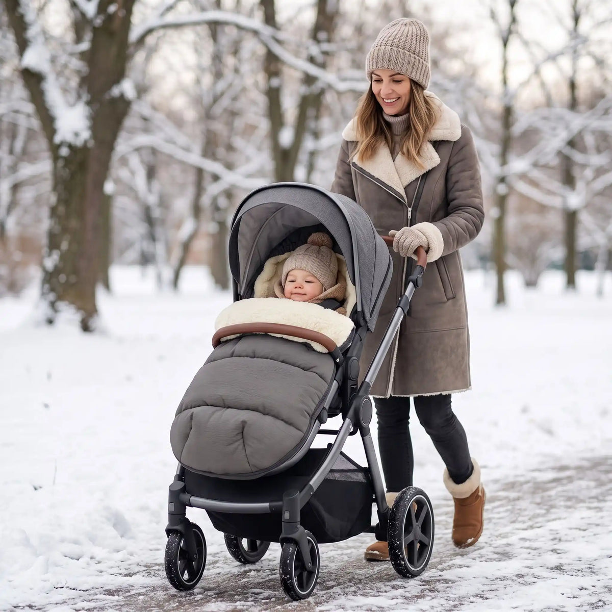 chanceliere cosy poussette pelisse avec bébé au parc avec maman
