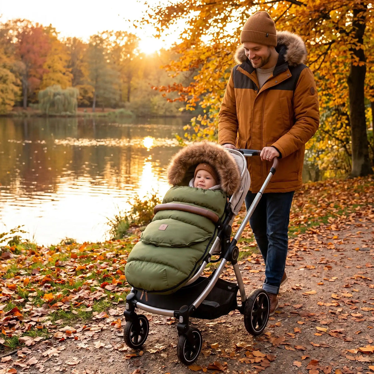 chancelière cosy thermoglace avec bébé au bord d'eau avec papa