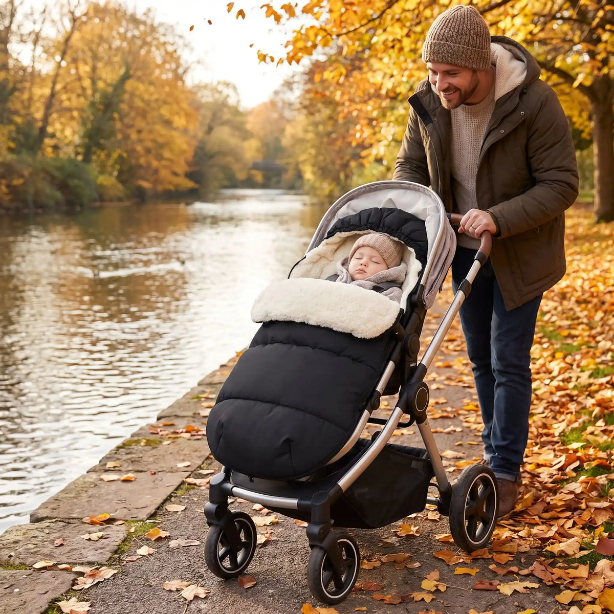 chanceliere cosy thermoglisse avec bébé au bord d'eau avec papa