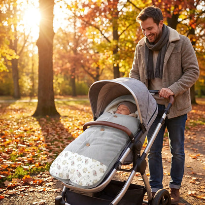 chanceliere hiver pour poussette bulle avec bébé au parc avec papa