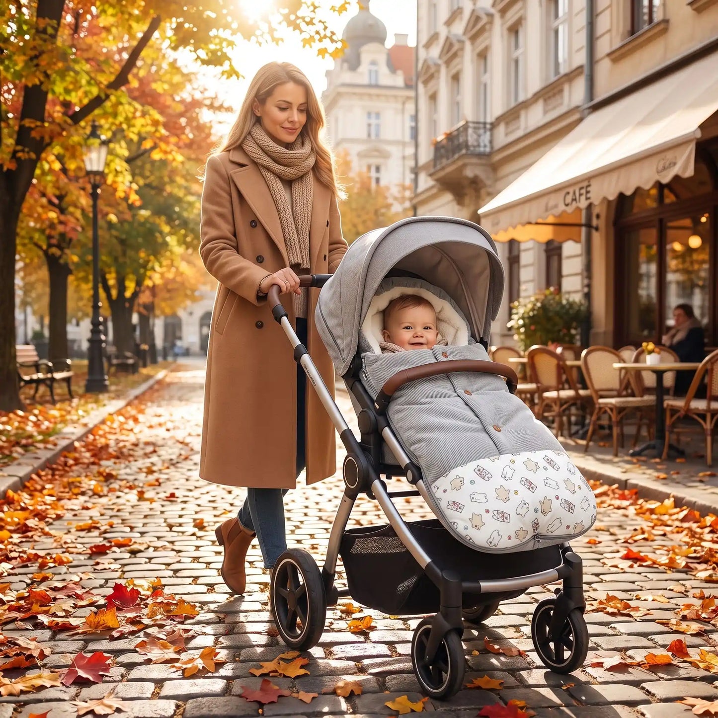 chanceliere hiver pour poussette bulle avec bébé en ville avec maman
