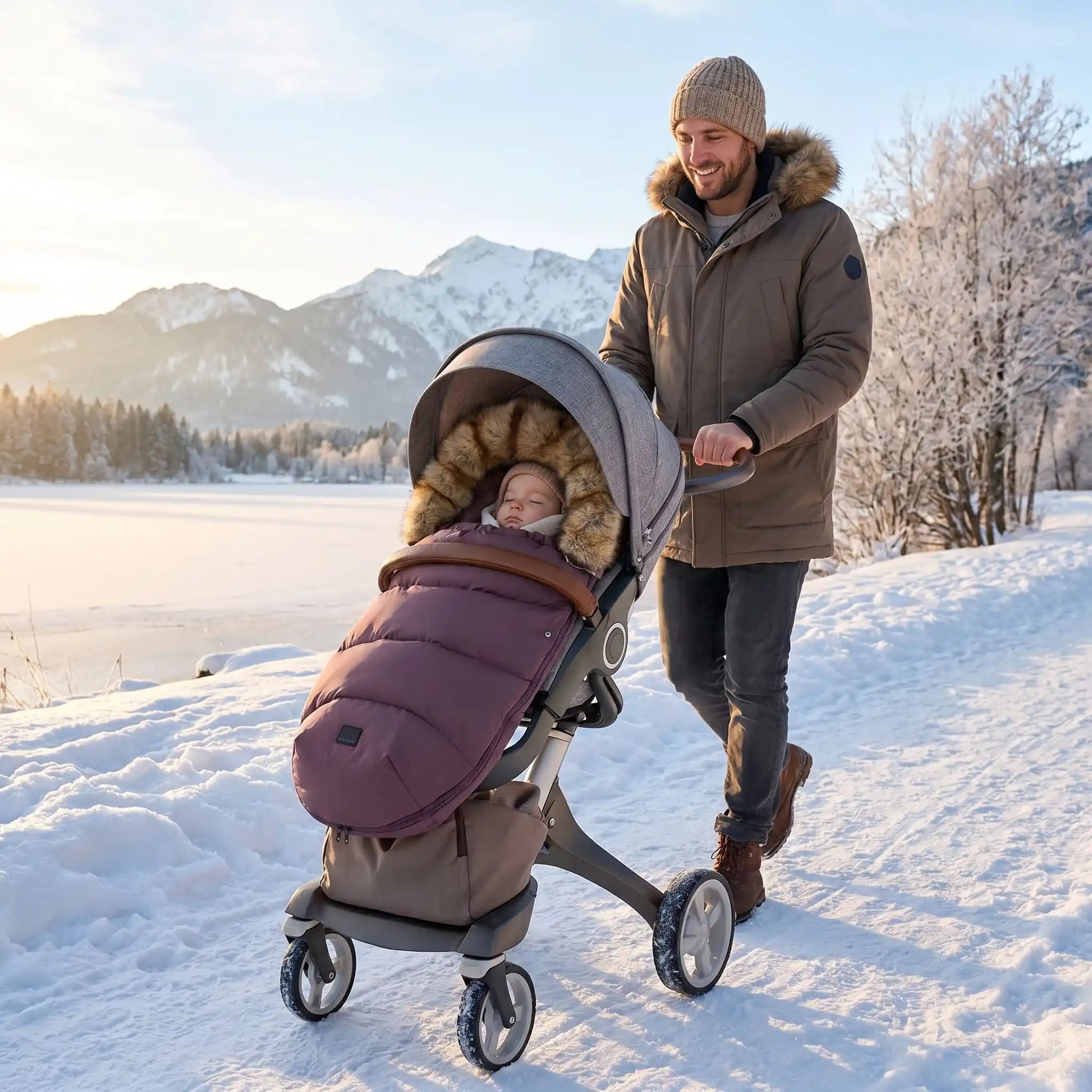 chanceliere hiver pour poussette softwinter avec bébé au bord d'eau avec papa