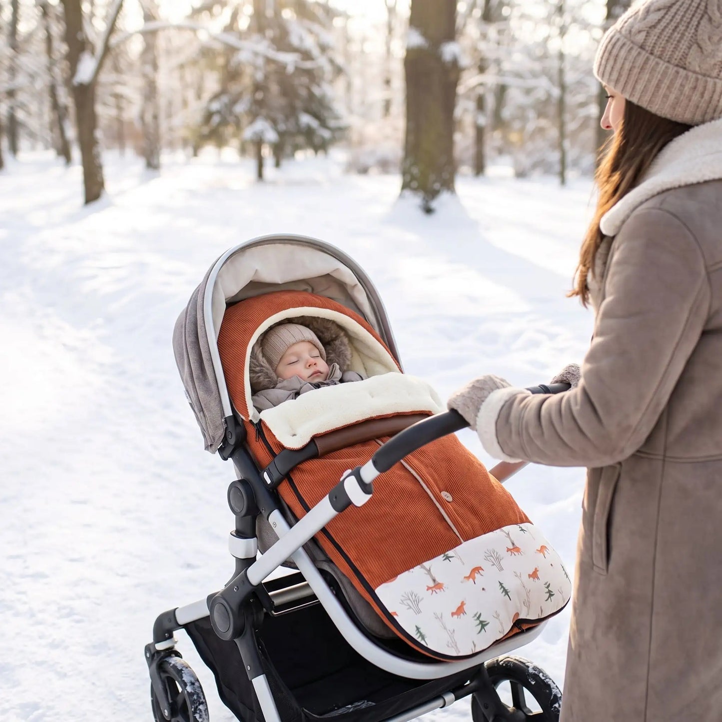chancelière hiver poussette velvet avec bébé au parc avec maman