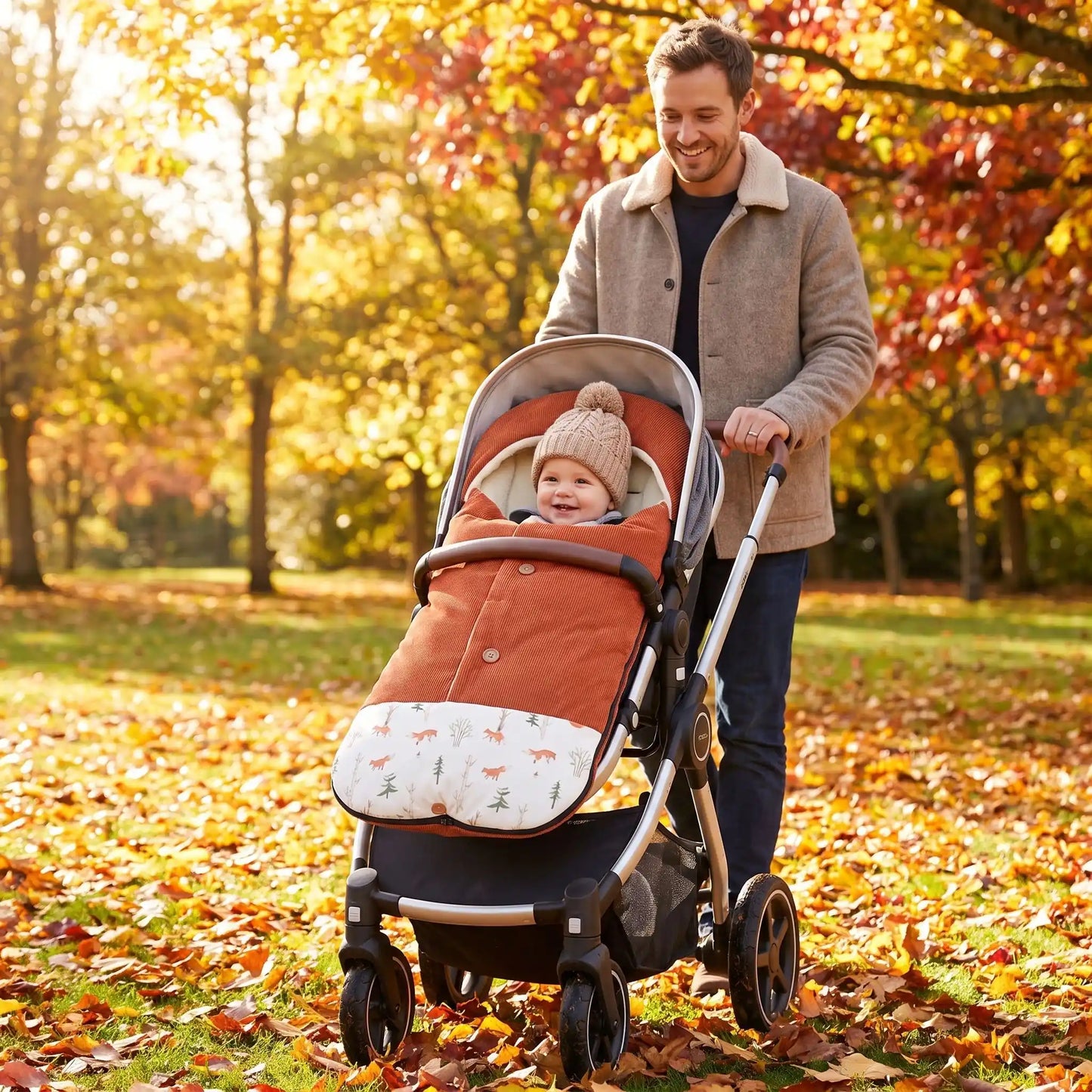 chancelière hiver poussette velvet avec bébé au parc avec papa