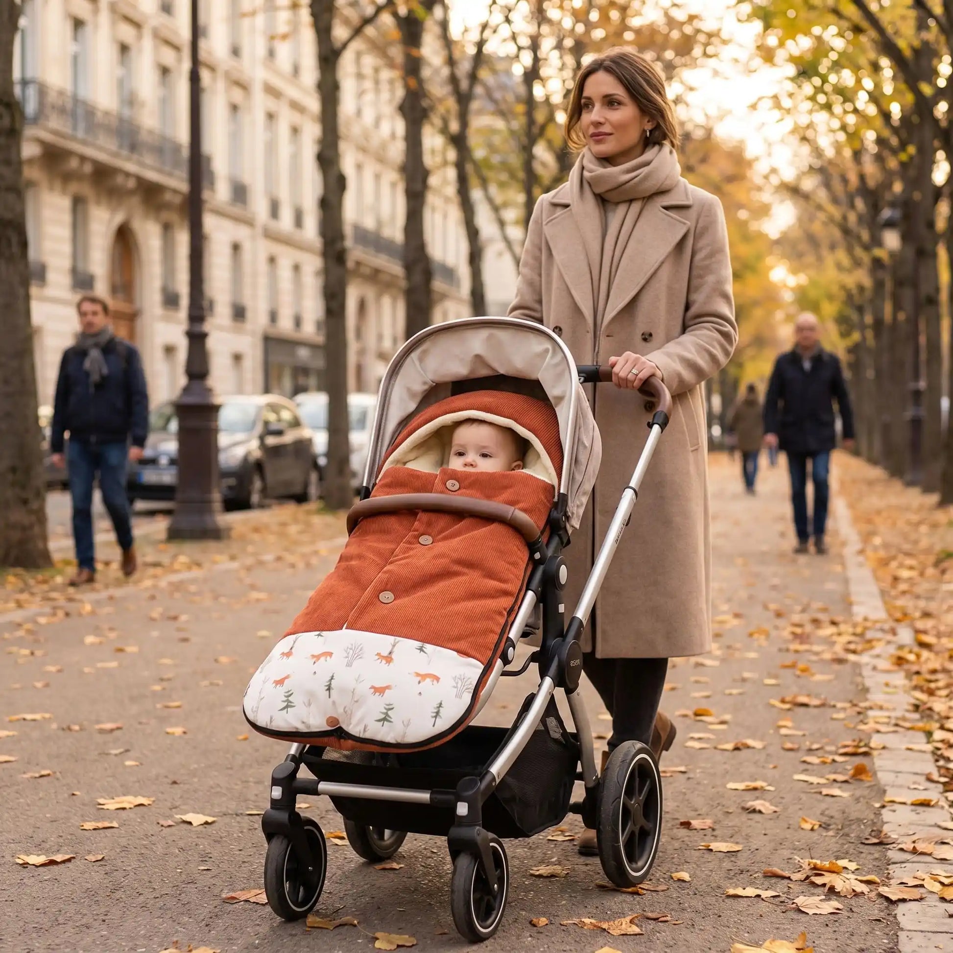 chancelière hiver poussette velvet avec bébé en ville avec maman