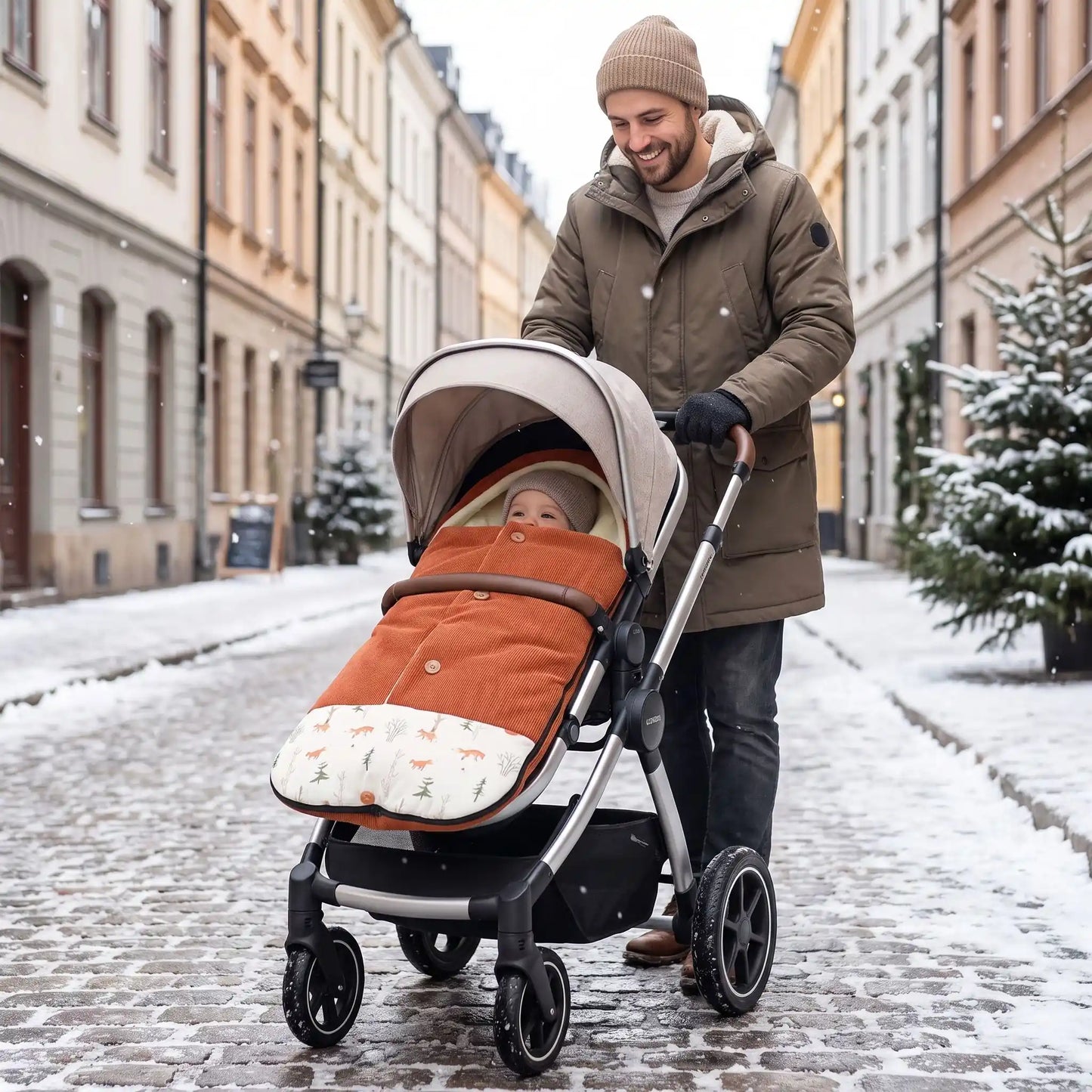chancelière hiver poussette velvet avec bébé en ville avec papa