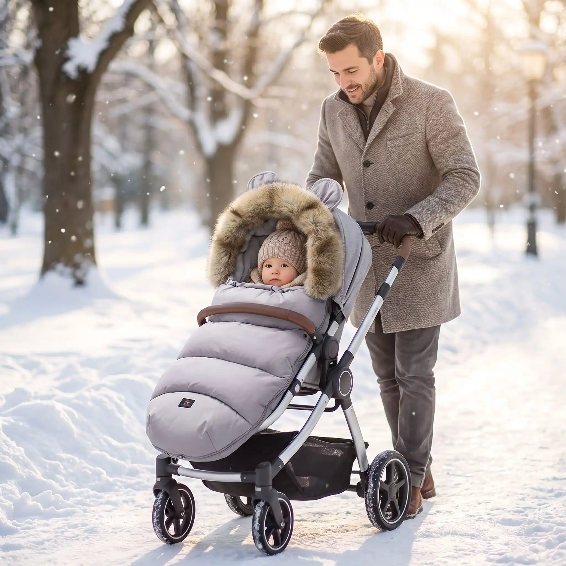 chanceliere hiver protection polaire avec bébé au parc avec papa