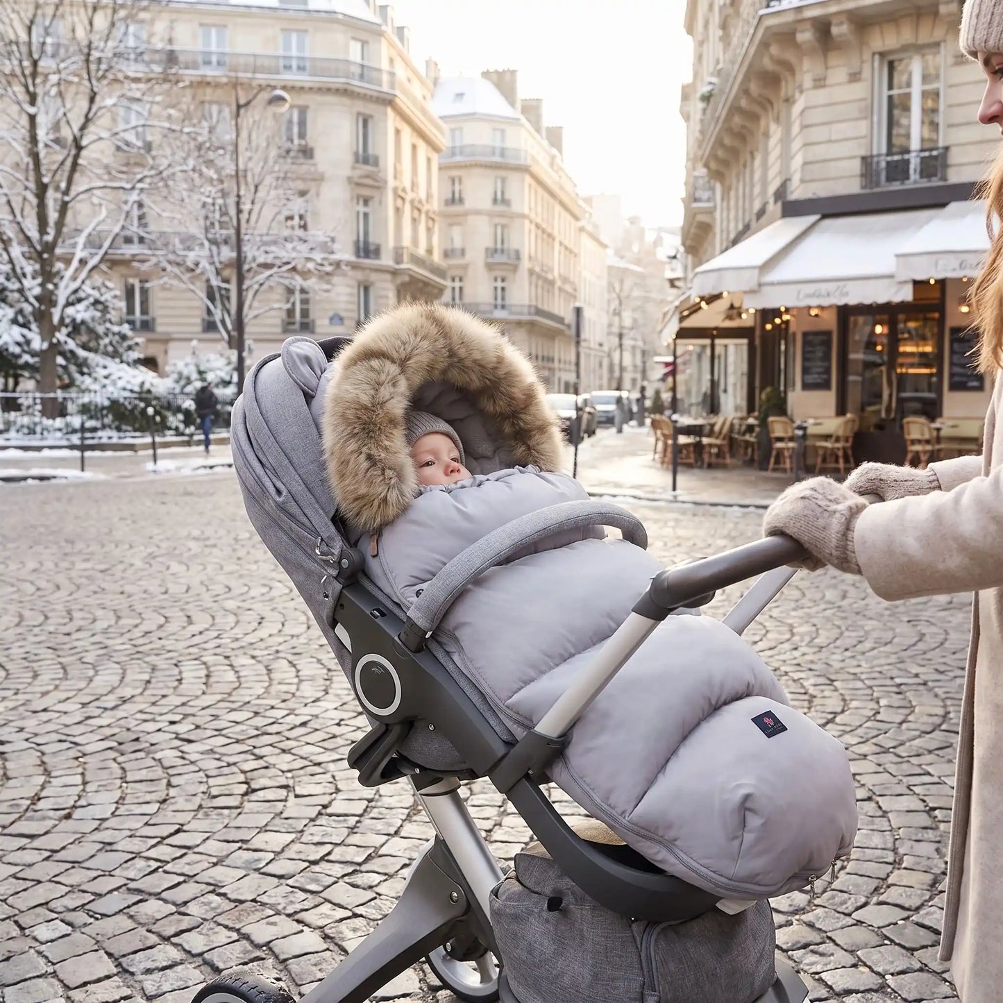 chanceliere hiver protection polaire avec bébé en ville avec maman