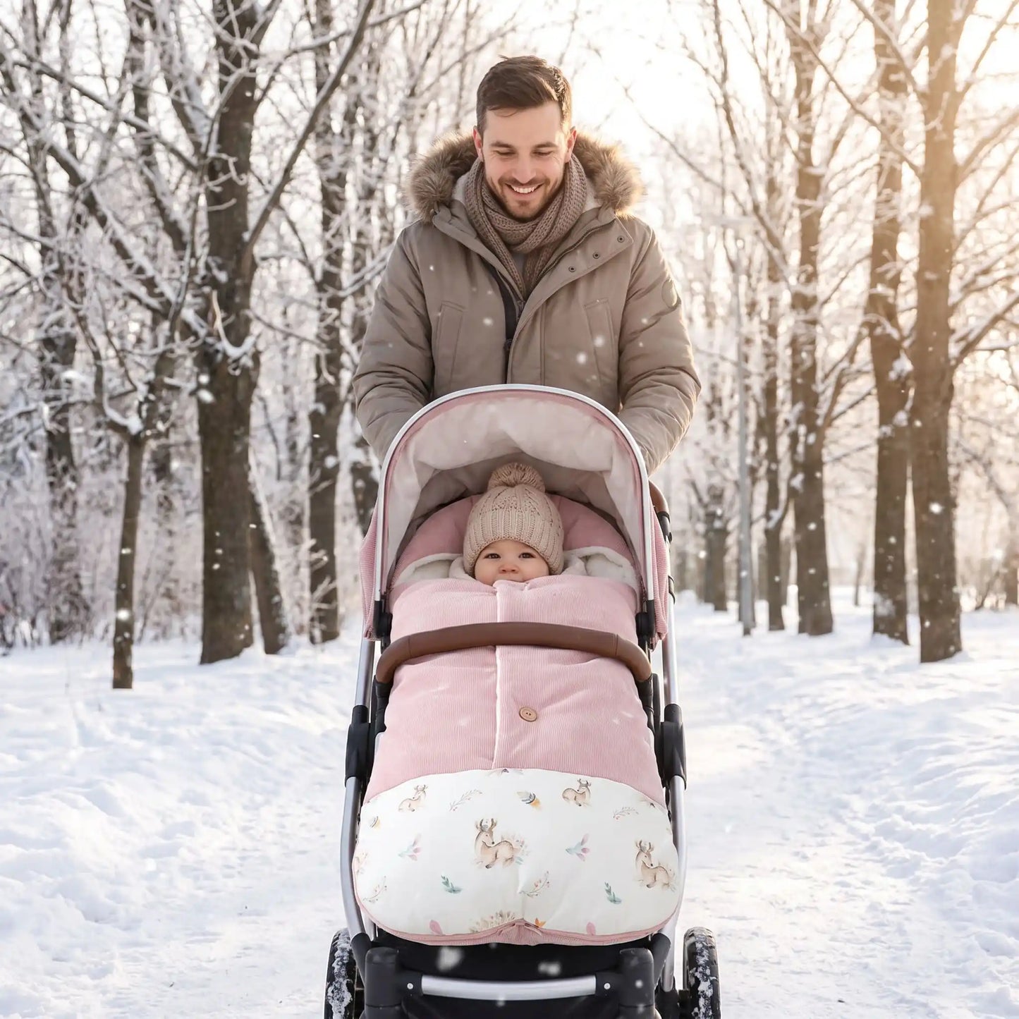 chanceliere hiver velours cocon avec bébé  au parc avec papa