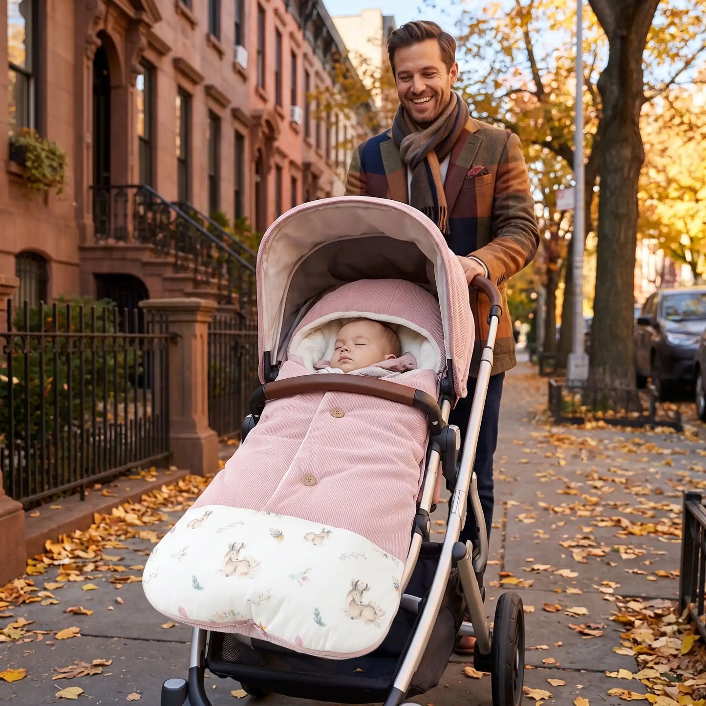 chanceliere hiver velours cocon avec bébé en ville avec papa