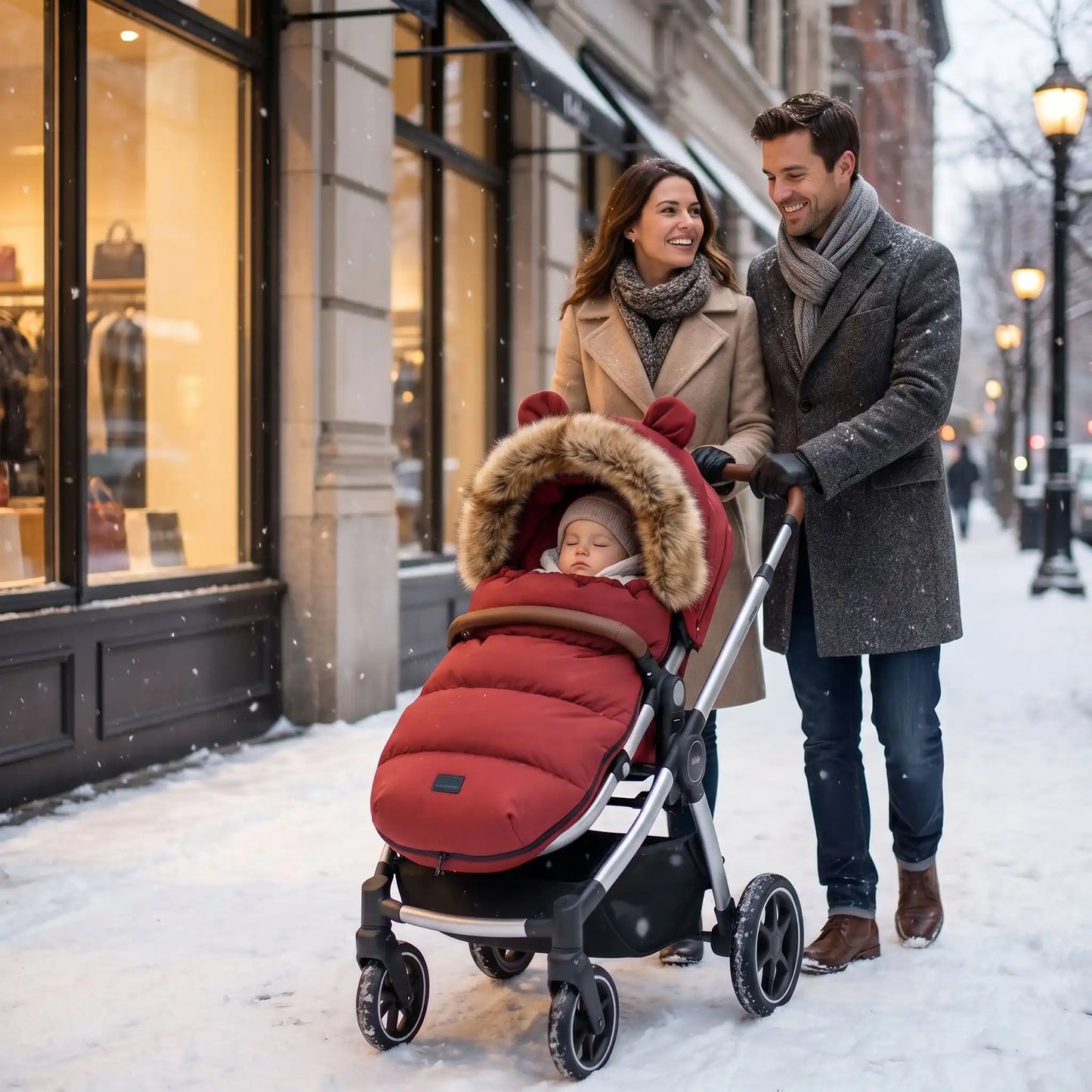 chancelière hyper chaude doux hiver avec bébé en ville avec sa famille 