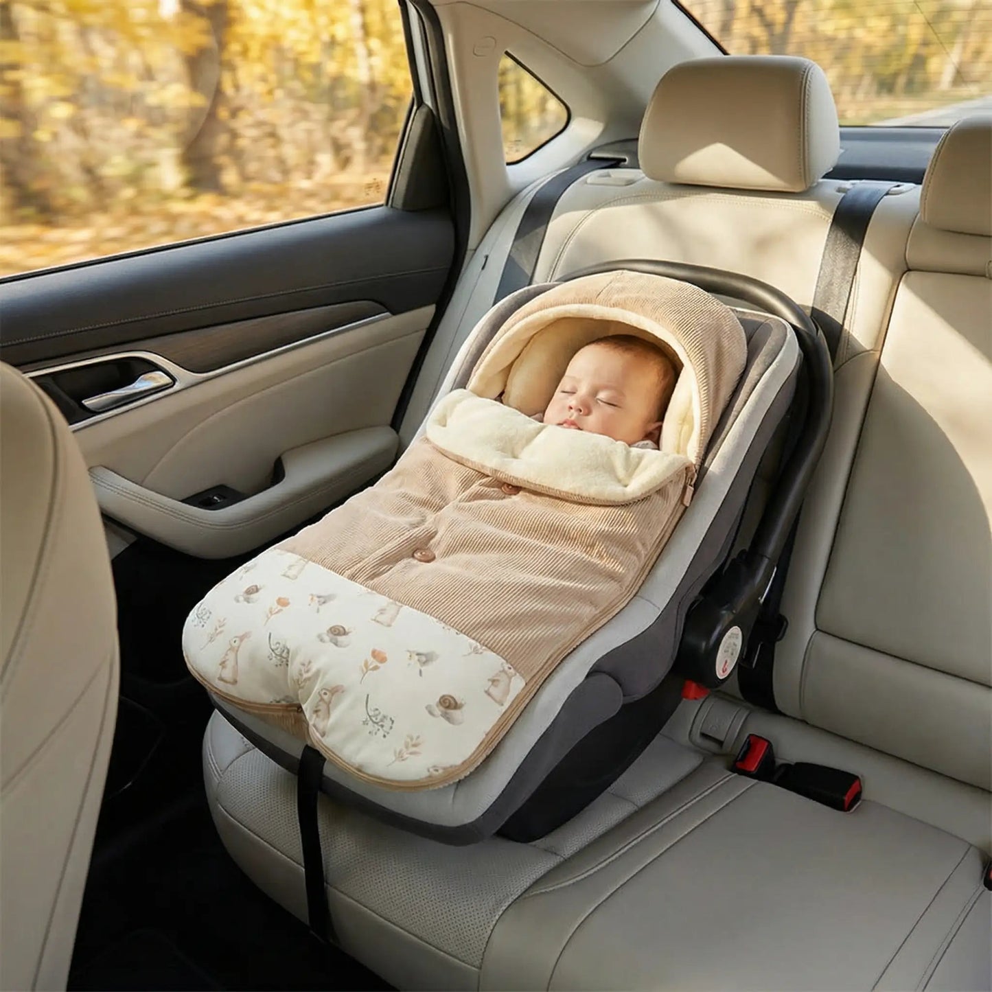 chanceliere pour poussette comfywinter avec bébé fixée au siège auto bébé