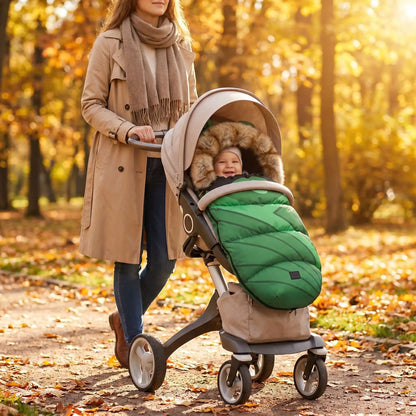 chancelière poussette chaude babyvert avec bébé au parc avec maman