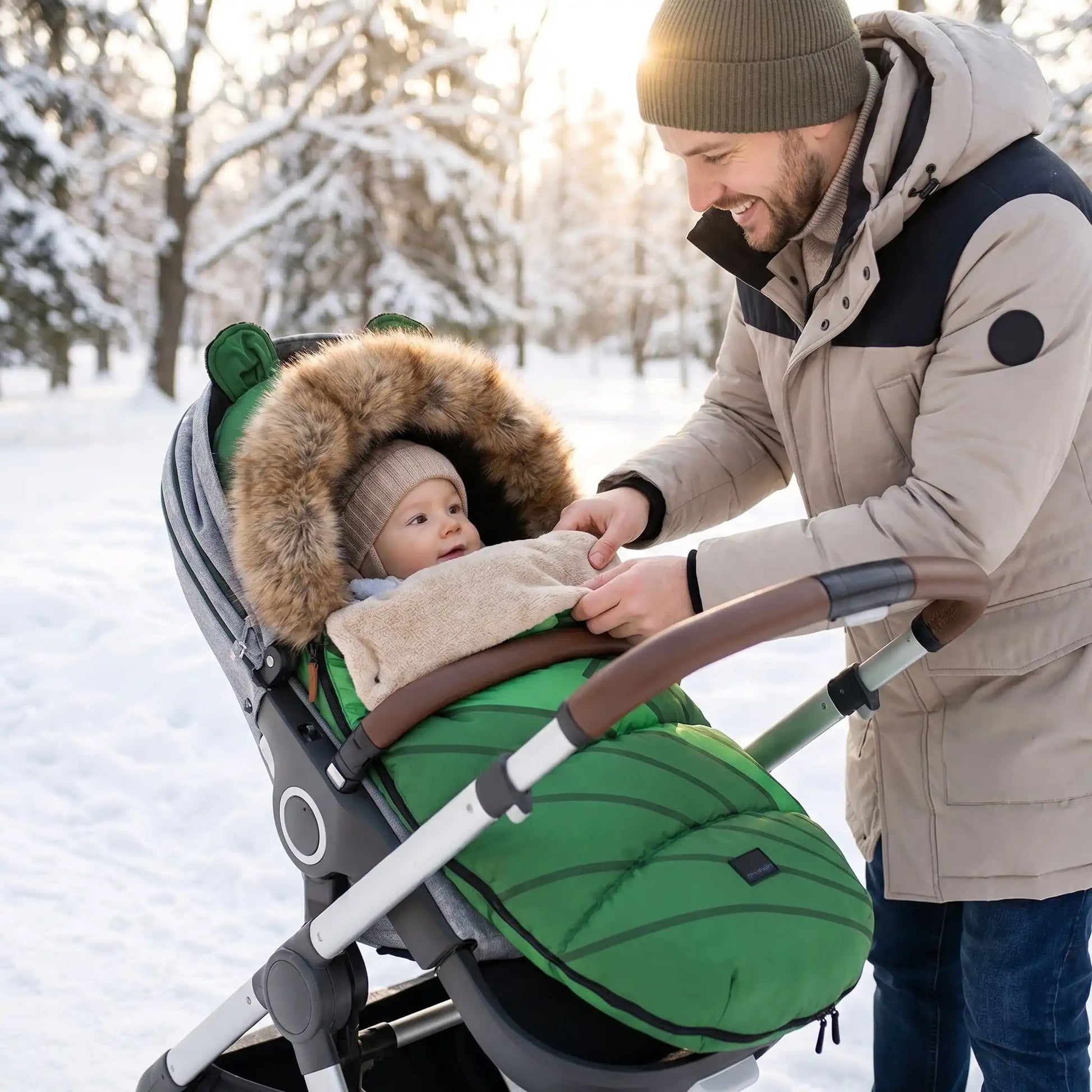chancelière poussette chaude babyvert avec bébé au parc avec papa