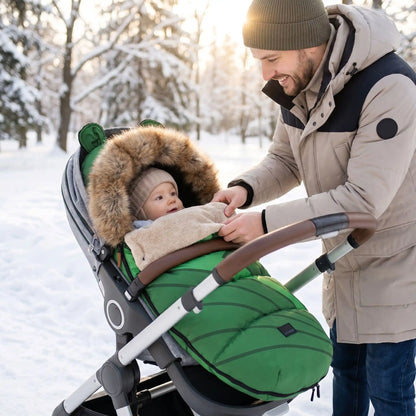 chancelière poussette chaude babyvert avec bébé au parc avec papa