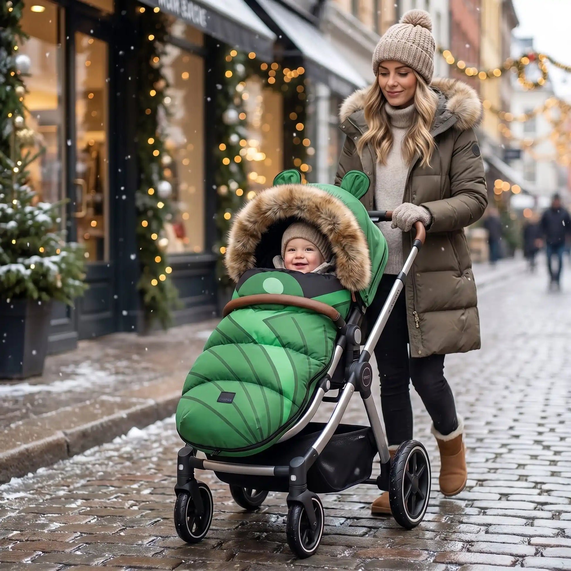 chancelière poussette chaude babyvert avec bébé en ville avec maman