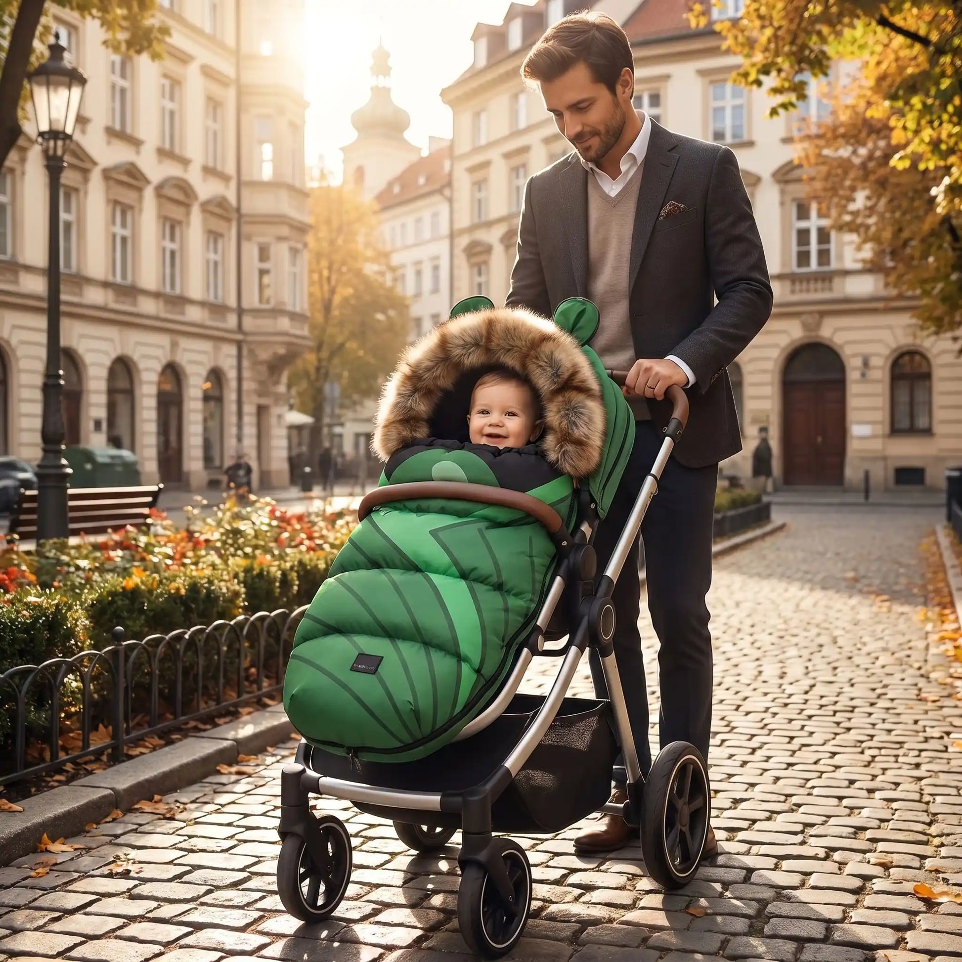 chancelière poussette chaude babyvert avec bébé en ville avec papa