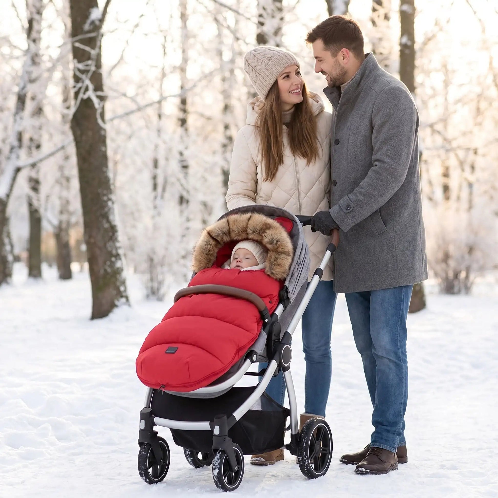 chanceliere poussette chaude babywinter avec bébé au parc avec sa famille