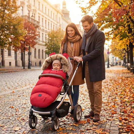chanceliere poussette chaude babywinter avec bébé en ville avec sa famille