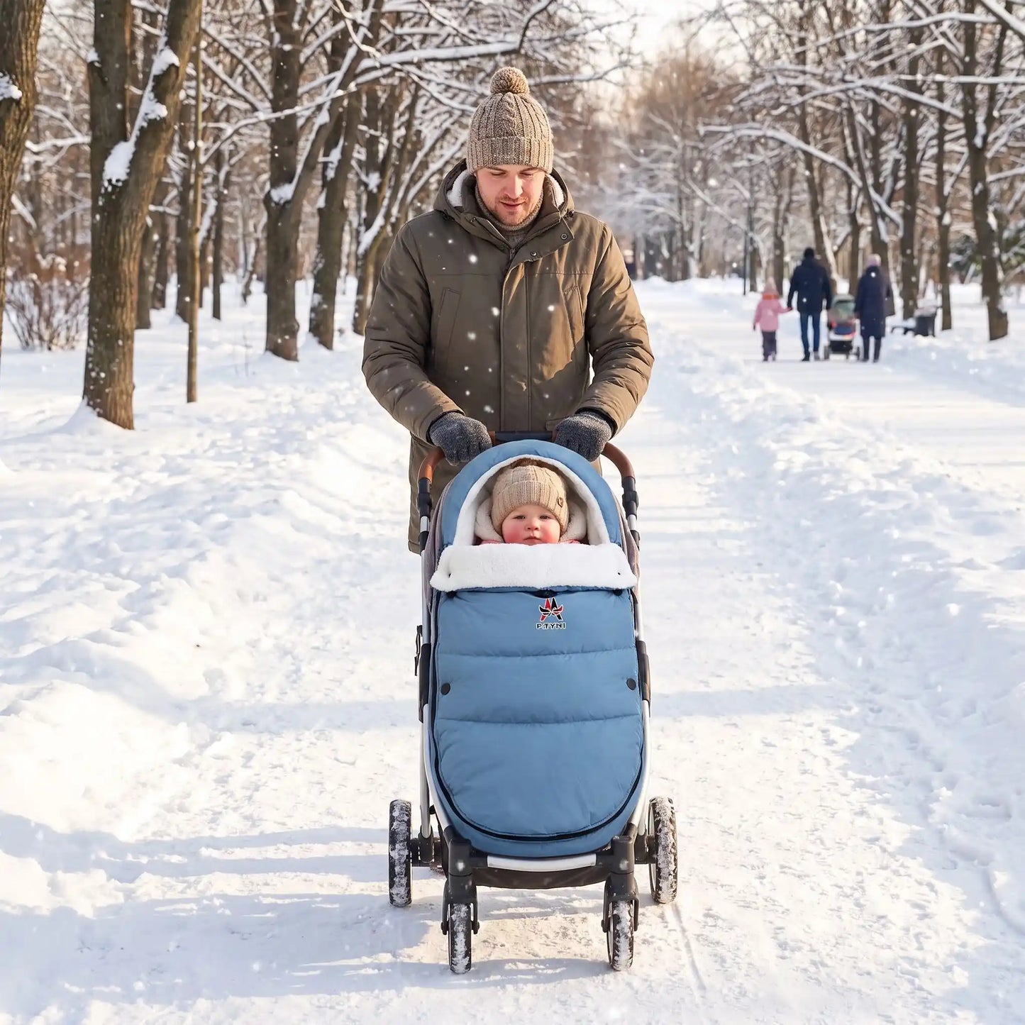 chancelière poussette hiver nid avec bébé au parc avec papa