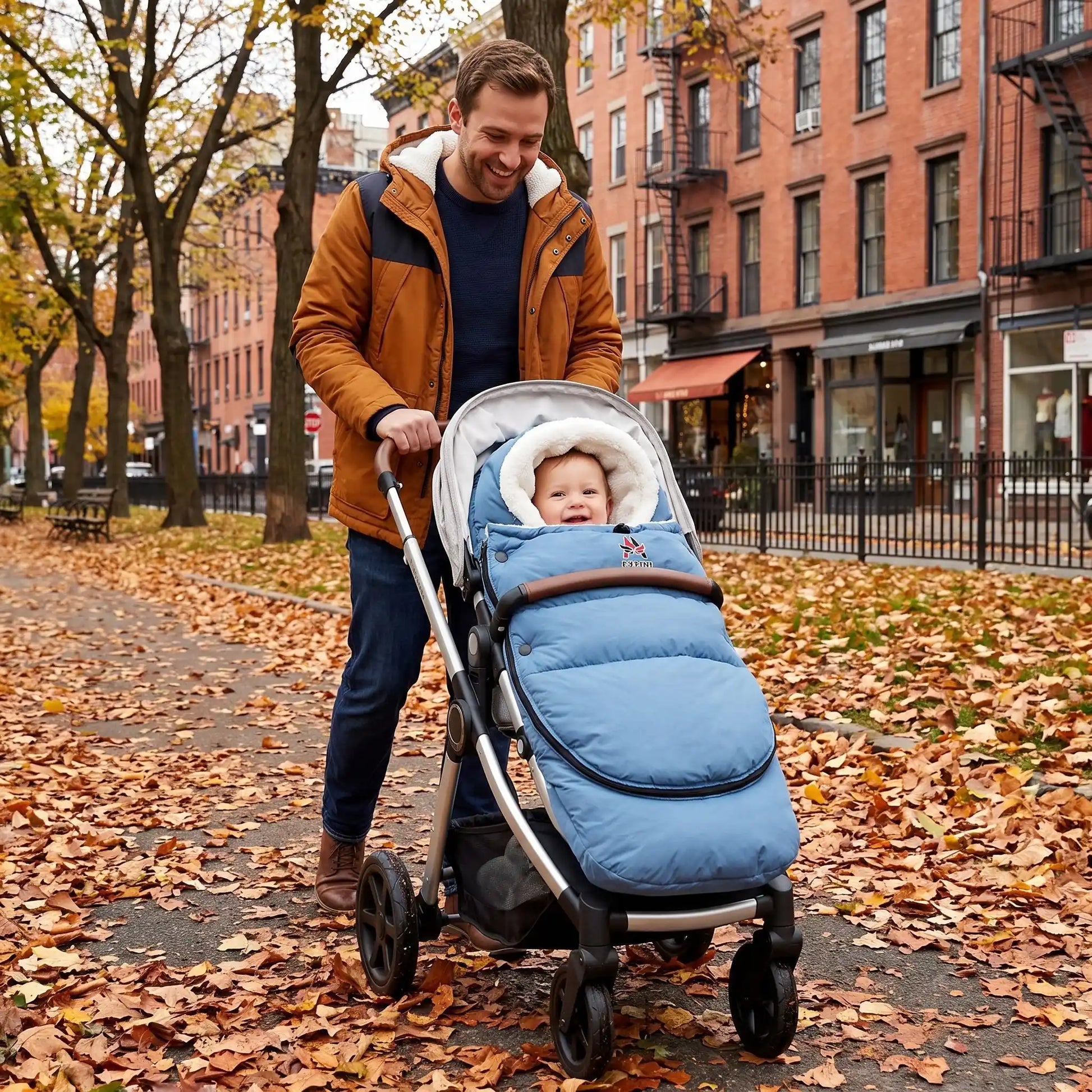 chancelière poussette hiver nid avec bébé en ville avec papa