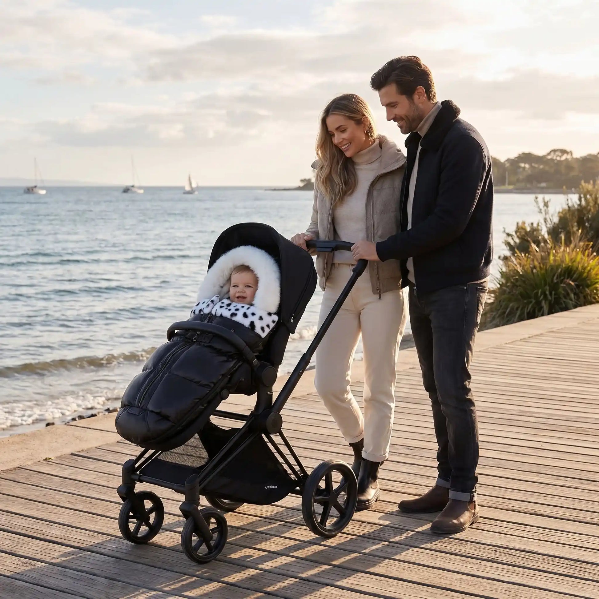 chanceliere ultra chaude babyvelour avec bébé au bord d'eau avec sa famille