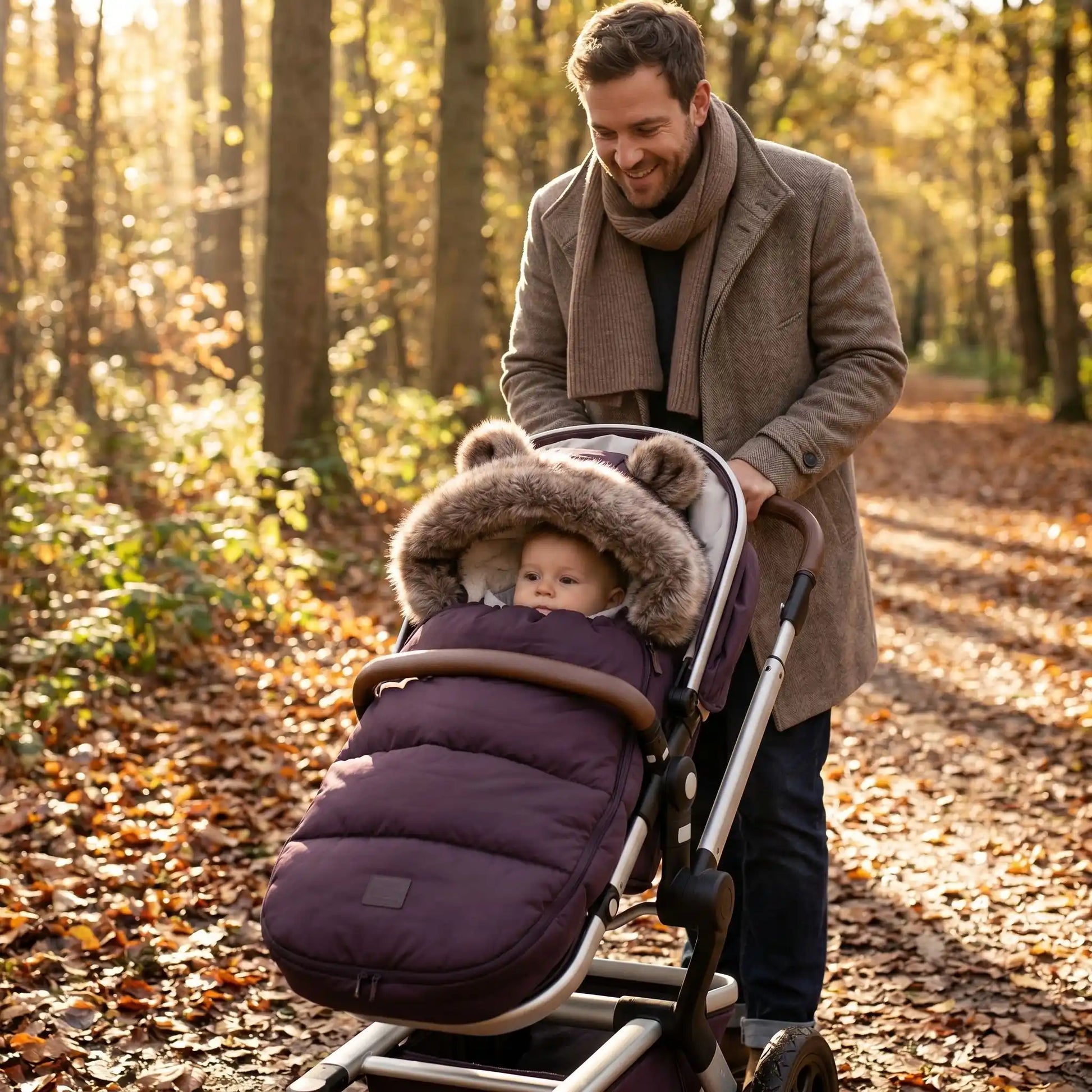 chanceliere hiver pour poussette softwinter avec bébé au bois avec papa