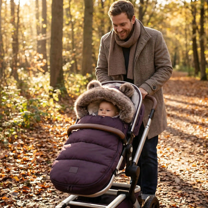 chanceliere hiver pour poussette softwinter avec bébé au bois avec papa