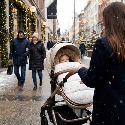 chanceliere poussette grand froid avec bébé en ville avec maman