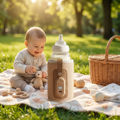 chauffe biberon autonome babyflash sur la couverture au parc avec bébé