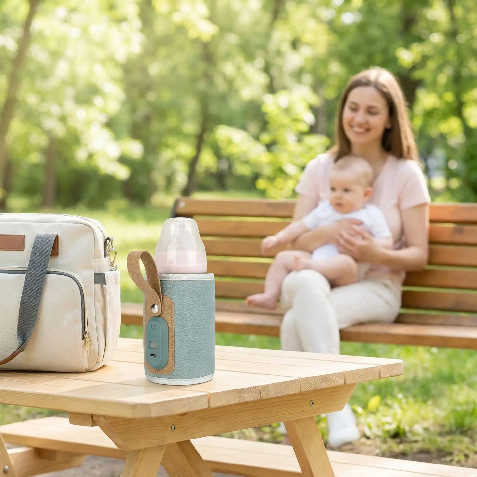 chauffe biberon autonome portable usb sur la table au parc avec bébé et maman